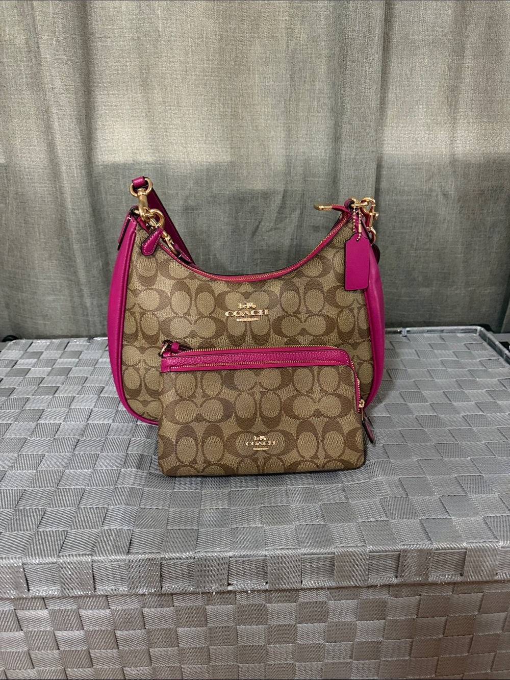 Coach Brown Signature Canvas Shoulder Bag with Fuchsia Trim and Wristlet